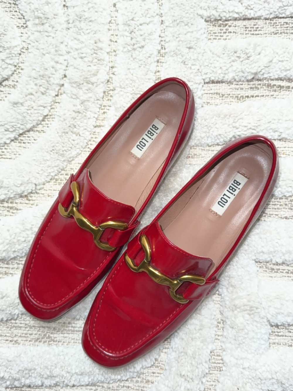 Bibi Lou Red Patent Loafers with Gold Chain Accent
